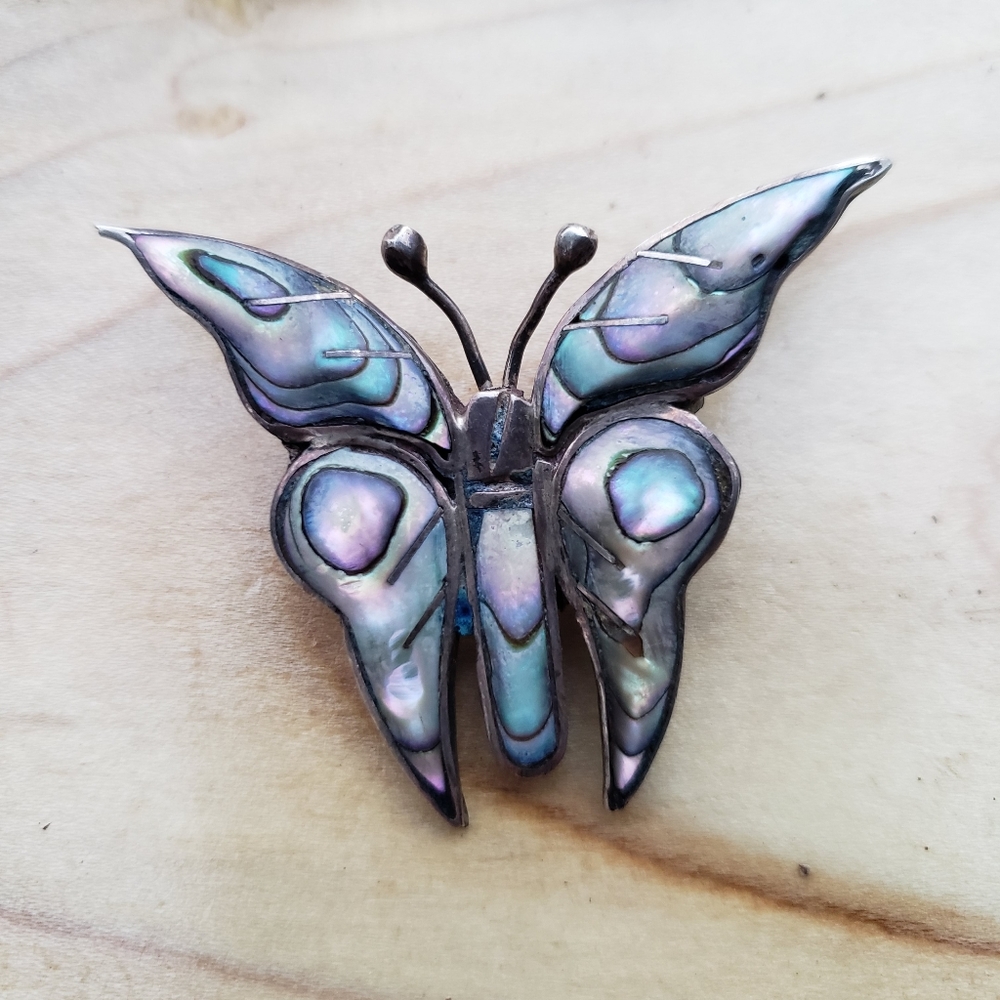 Handcrafted Abalone Shell and 925 Sterling Silver Mexican Butterfly Brooch